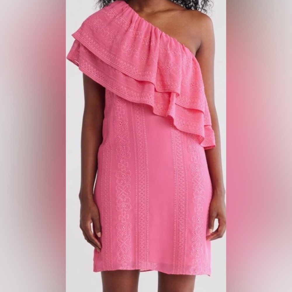 NWT Trina Turk Phebe embroidered one shoulder pink ruffle dress size medium